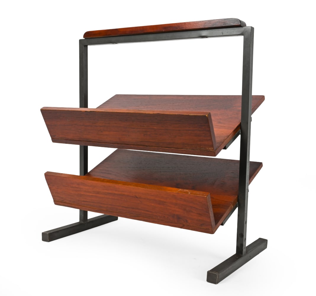 BRAAKMAN STYLE DUTCH ROSEWOOD MAGAZINE RACK: Two tier rack on black iron frame with integrated handle. Netherlands, 20th century. Dimensions: H 19" x W 17.25" x D 10.5" Condition: Scuffs, scratches, minor edge wear and scattered finish wear to e