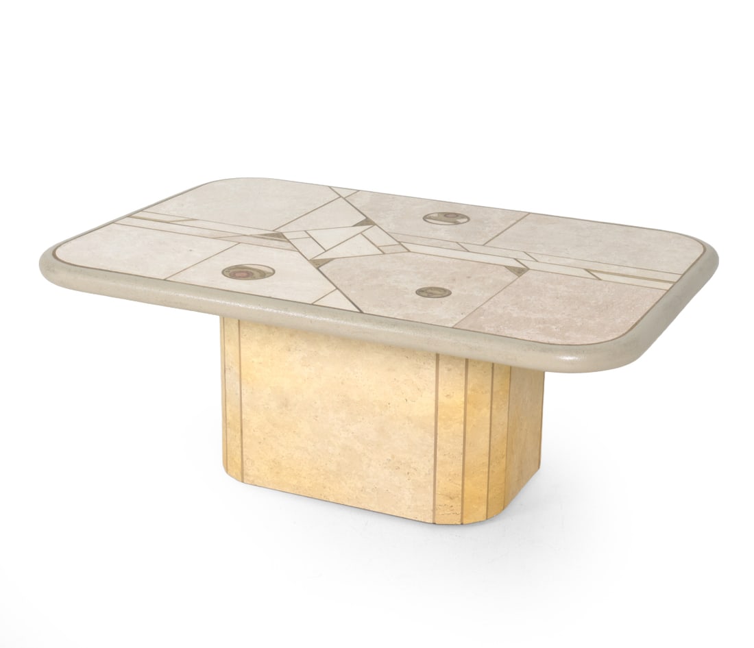 PAUL KINGMA DUTCH STONE TOP COFFEE TABLE C. 1970S: Rectangular stone mosaic top with rounded corners, geometric brass and embedded stone accents. Signed to brass inlay on top. Netherlands, Circa, 1970s. Dimensions: H 18.5 ? x W 47? x D 31? Condition: 