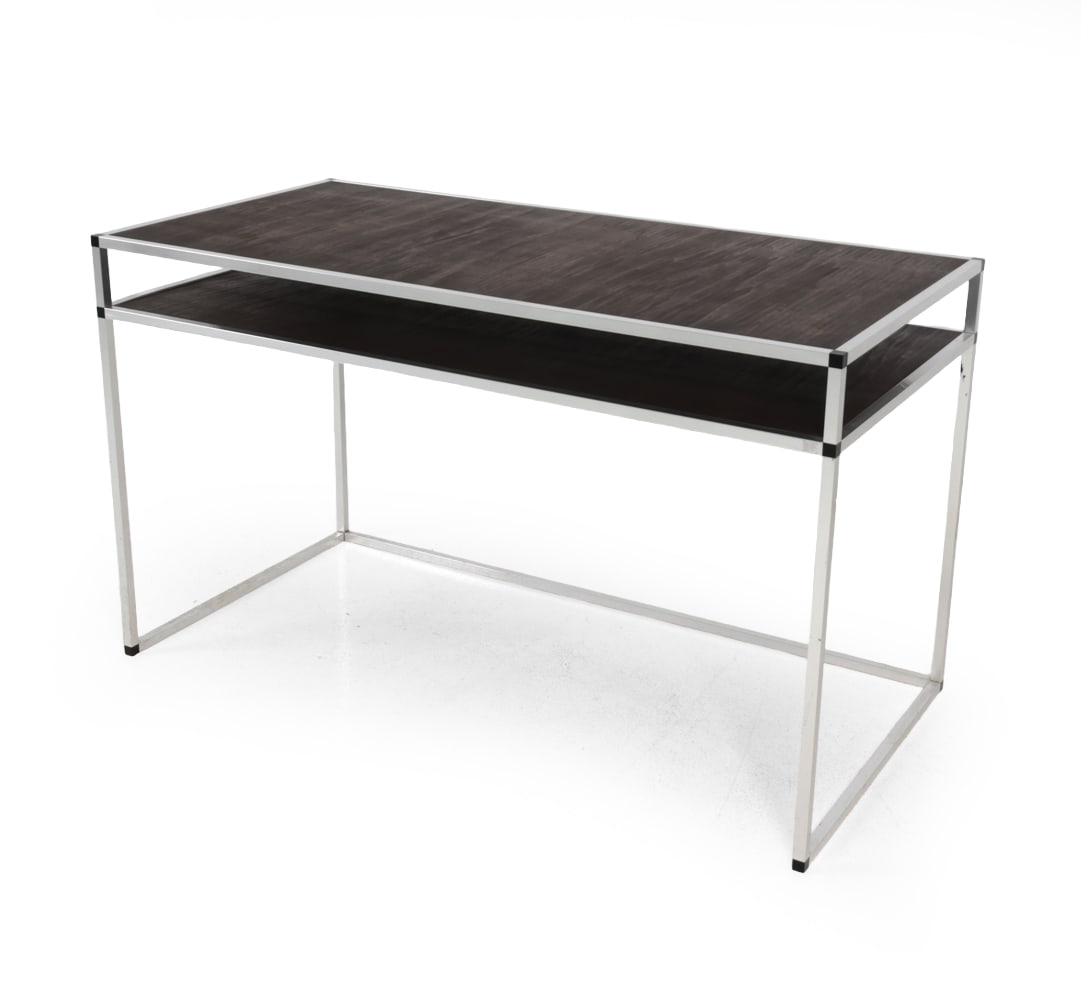 POUL KJAERHOLM STYLE DANISH WRITING DESK: Aluminum frame and stained wood veneer top and shelf. Denmark, 20th century. Dimensions: H 30" x W 50.5 " x D 25" Condition: Wear consistent with age and use. Soiling to joints, scuffs, light