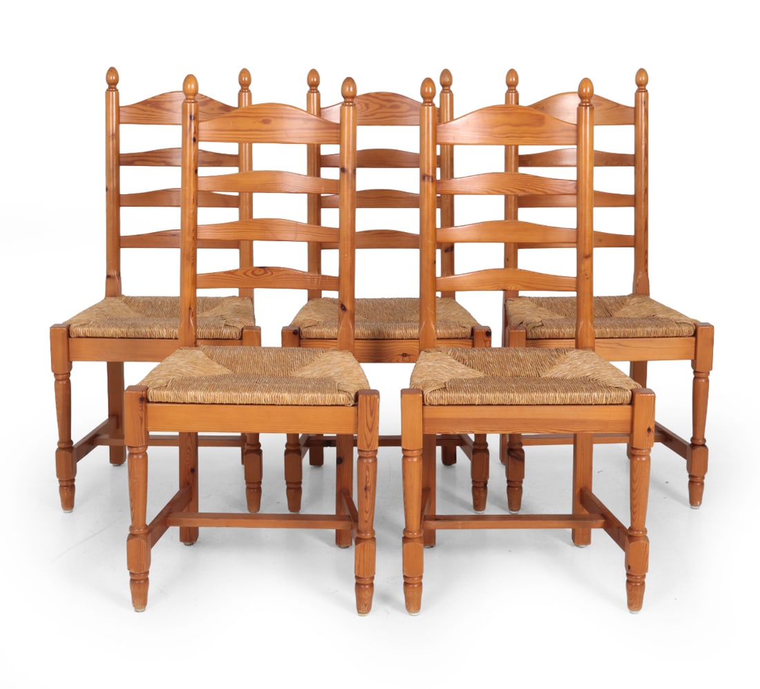 (5) DUTCH PINE & RUSH LADDERBACK DINING CHAIRS: Pine frames with shaped ladder backs and woven rush seats. Netherlands, circa 1970s. Dimensions: H 43.5? x W 20.5? x D19?, SH 19" Condition: Some scratches and rubs. Wear consistent with age and use.