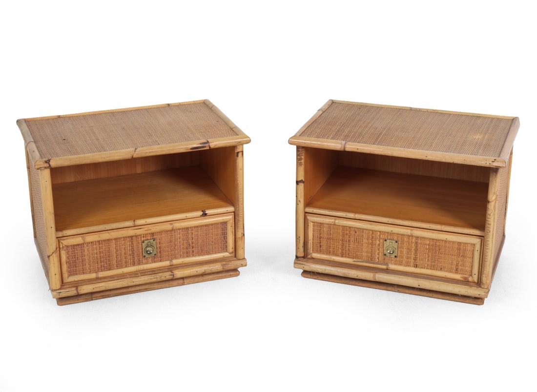 PAIR DAL VERA ITALIAN BAMBOO & RATTAN NIGHTSTANDS: Made from bamboo and rattan with brass handles. Stamp inside drawers. Italy, circa 1970s. Dimensions: H 18.75''x W 24''x D 16.25'' Condition: Faintly faded. Minor scuffs. Some scratches. Wear