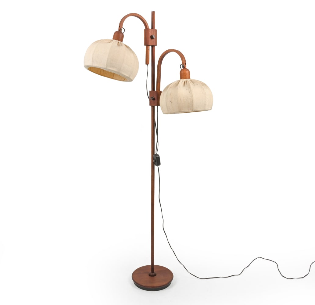 WN LEUCHTEN GERMAN TEAK FLOOR LAMP C. 1960S: Floor lamp, in teak. Featuring two adjustable woven-shaded arms. Marked underneath. Germany, circa 1960s. Dimensions: H 63" x W 27" x D 15" Condition: Wear consistent with age and use. Untested, Europ