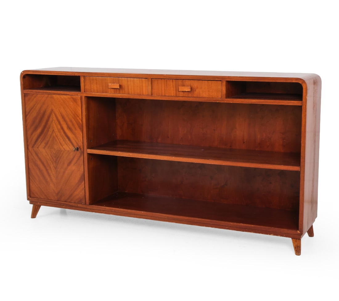 ART DECO SWEDISH MAHOGANY SIDEBOARD 1940S: Key included. Features a cabinet, drawers and shelves. Sweden, circa 1940s. Dimensions: H 31.75" x W 59.25" x D 12" Condition: Wear consistent with age and use. Scuffs, rubs, nicks, light scratches, s