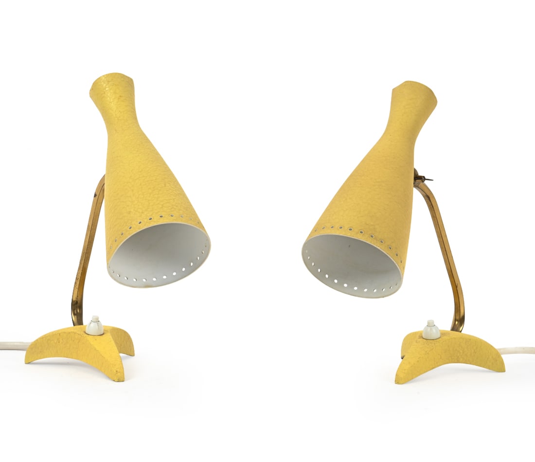 PAIR OF COSACK GERMAN TABLE LAMPS C. 1960S: Apparently unmarked. Germany, circa 1960s. Dimensions: H 8.25" x W 6" x D 4" Condition: Wear consistent with age and use. Untested. European plug. Soiling, dings, dents, dust patina. Needs some light 