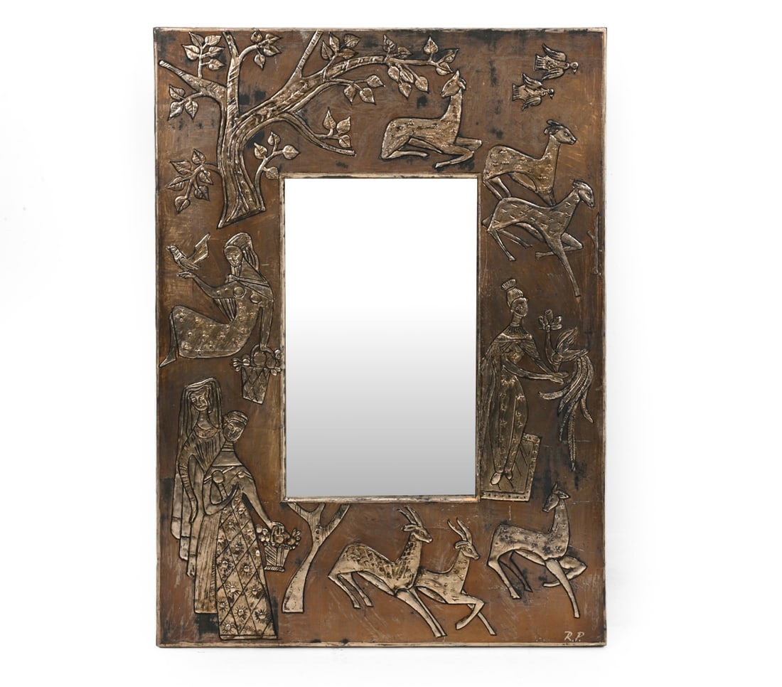 DECORATIVE FIGURATIVE FRAMED WALL MIRROR: Embossed and carved wooden framed mirror with silver leaf. Dimensions: H 21.75" x W 18.75" Condition: Loss of paint to frame, spots of soiling, wear consistent with age.