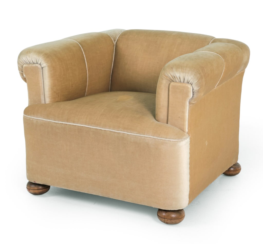 ART DECO STYLE DUTCH MOHAIR LOUNGE CHAIR C. 1960S: Yellow mohair upholstery and oak legs featuring casters. Netherlands, circa 1960s. Dimensions: H 28" x W 34.5" x D 32" x SH 17.5" Condition: Wear consistent with age and use. Minor indentations,