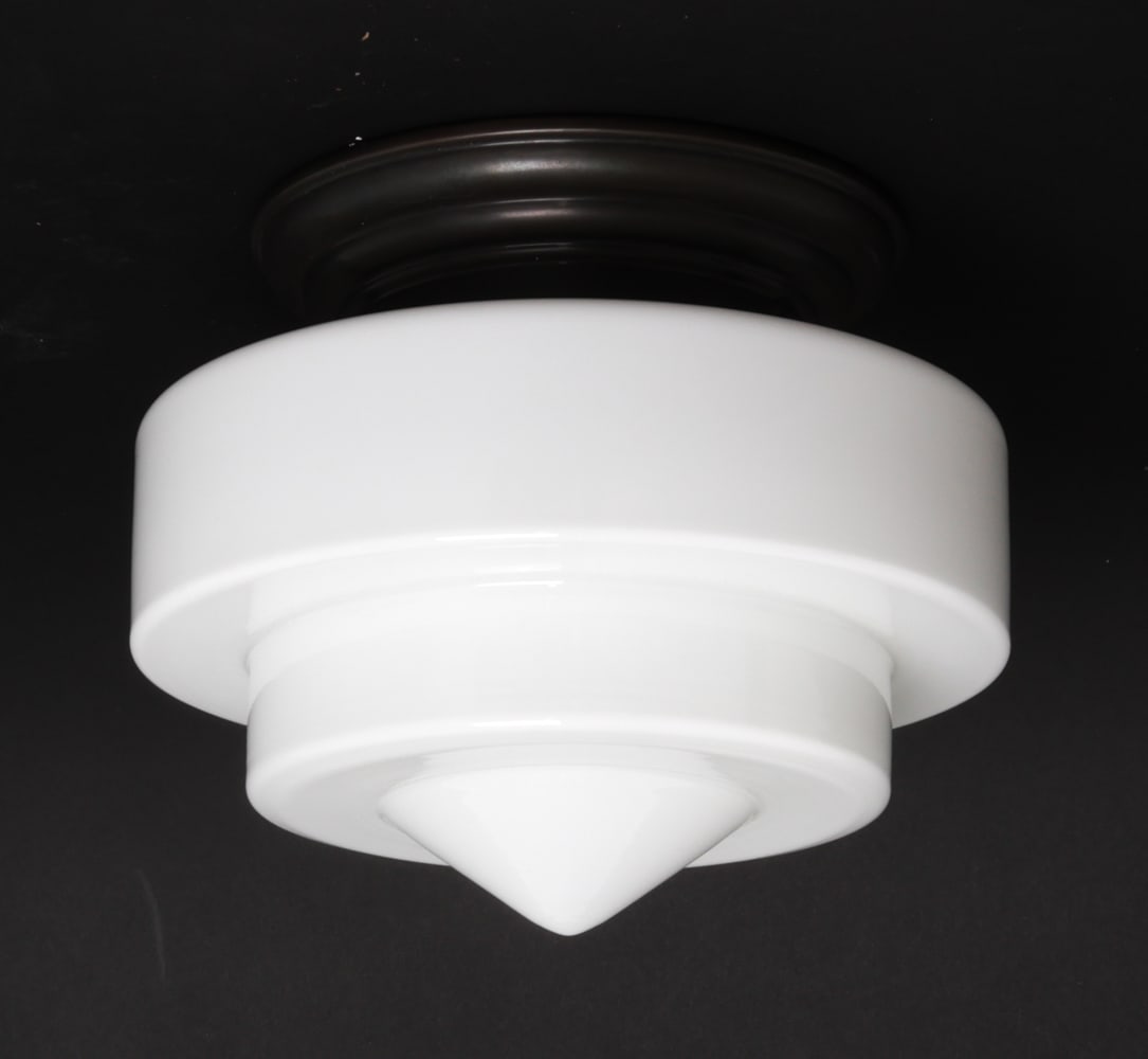 DECO STYLE DUTCH GLASS PENDANT LIGHT: Tiered glass shade and bronze finish metal ceiling canopy. 20th century. Dimensions: H 8" x W 9" x D 9? Condition: Wiring untested. Wear consistent with age and use.