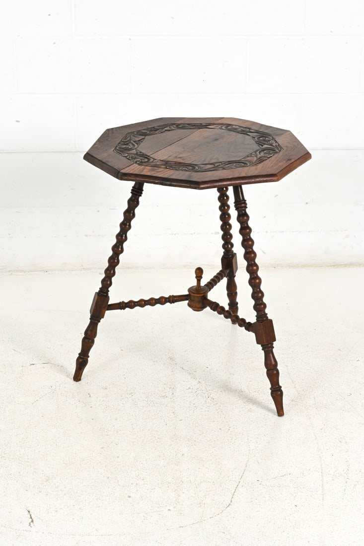 DUTCH BOBBIN TURNED OAK OCTAGONAL SIDE TABLE - 6