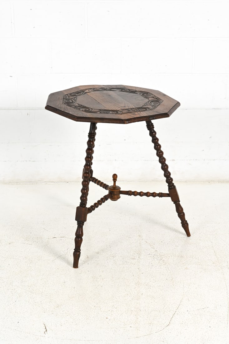 DUTCH BOBBIN TURNED OAK OCTAGONAL SIDE TABLE - 8