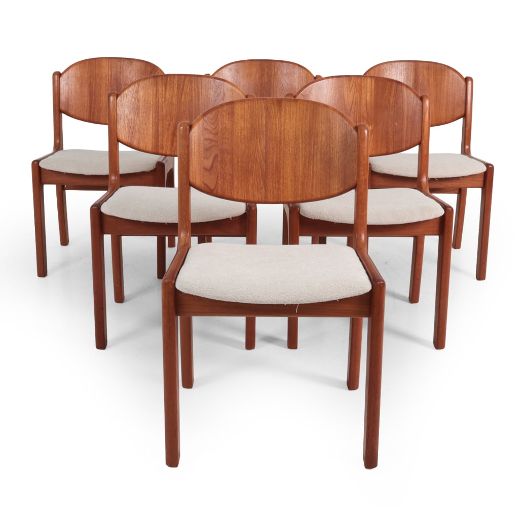 (6) GLOSTRUP DANISH TEAK DINING CHAIRS C. 1960S: Teak frame and cream-tone upholstery. Marked underneath. Denmark, circa 1960s. Dimensions: H 31.25" x W 19.5" x D 19" x SH 18" Condition: Wear consistent with age and use. Scuffs, rubs, fading, minor