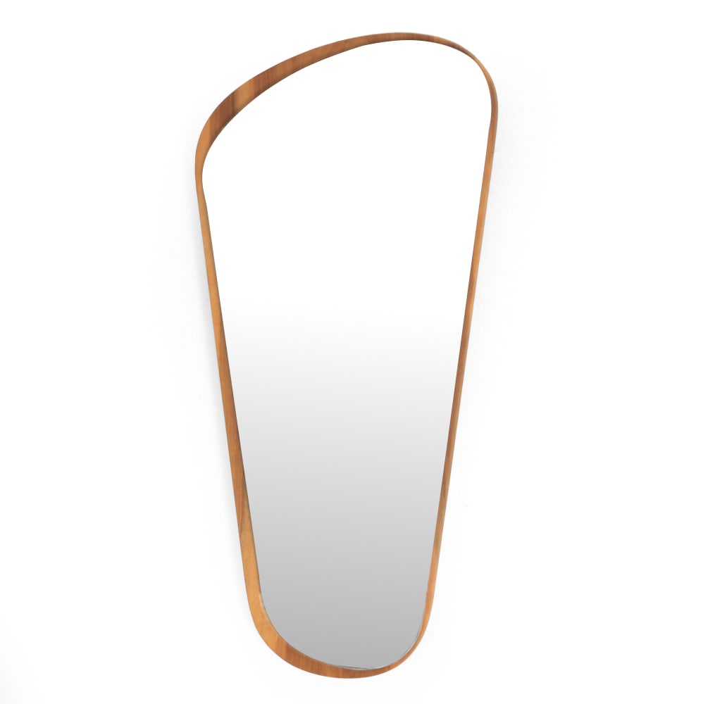 GERMAN BEECH ORGANIC WALL MIRROR: Organic form with a raised glass front. Labeled on front in German "Genuine Crystal Mirror glass". Dimensions: H 31.5" x Dia 15" Condition: Flea bites to edge of mirror. Light wear consistent with