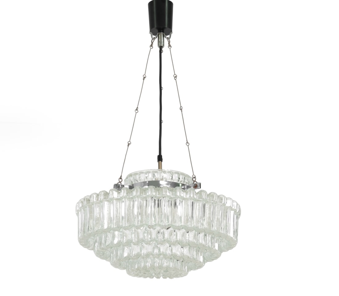 ITALIAN STYLE GLASS PENDANT LIGHT C. 1970S: Glass pendant with textured design. Apparently unmarked. Dimensions: (Fixture) H 9.5" x Dia 15.5" Condition: Untested. Nicks to top rim of glass. Spots of soiling/oxidation to metal.