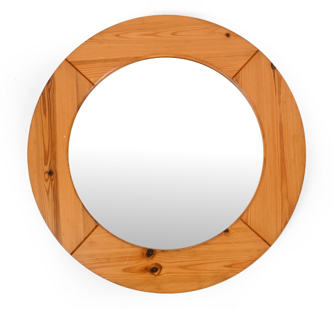 ATTR. GLAS MASTER SWEDISH PINE WALL MIRROR 1960S: Pine frame with carved linear decorative detail. Apparently unmarked. Sweden, circa 1960s. Dimensions: Dia 23.75" Condition: Wear consistent with age. Scuffs, scratches and discoloration to frame.