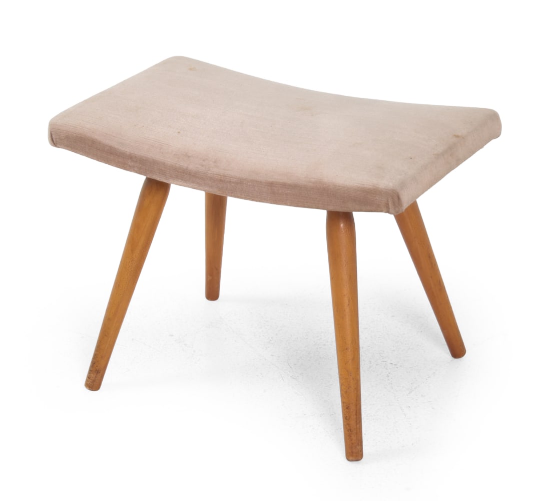 GERMAN BEECH & VELOUR STOOL C. 1960S: Beech legs and velour upholstery. Germany, circa 1960s. Dimensions: H 14" x W 19" x D 11.75" Condition: Wear consistent with age and use. Minor soiling spots, some fading, nicks, rubs, scratches to