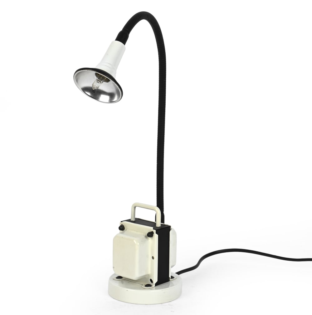 GERMAN GOOSNECK DESK LAMP C. 1960S: Designed with the transformer as its base. Dimensions: H 14.25" x W 10" x D 4" Condition: Wear consistent with age and use. Untested. European plug. Very light rubs. PU142