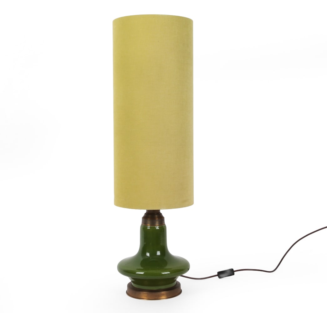 SCANDINAVIAN CERAMIC AND BRASS FLOOR LAMP C. 1960S: Brass base and socket with ceramic body, featuring green shade. Scandinavian, circa 1960s. Dimensions: H 33.75" x W 10? x D 10? Condition: European plug, wiring untested. Wear consistent with age and