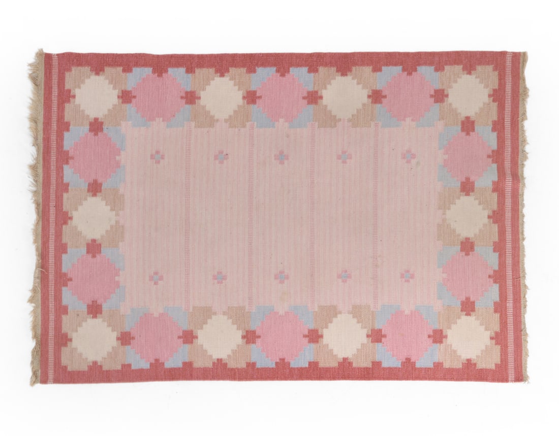 SWEDISH ROLLAKAN FLATWEAVE RUG C. 1970S: Dimensions: H 81" x W 55.5" Condition: Wear consistent with age and use. Frying to fringes, Light sun fading, some pulled threads. Minor soiling spots to underside. PU188