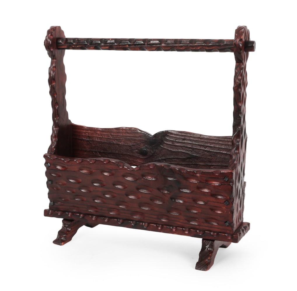 SPANISH BRUTALIST CARVED PINE MAGAZINE RACK 1970S