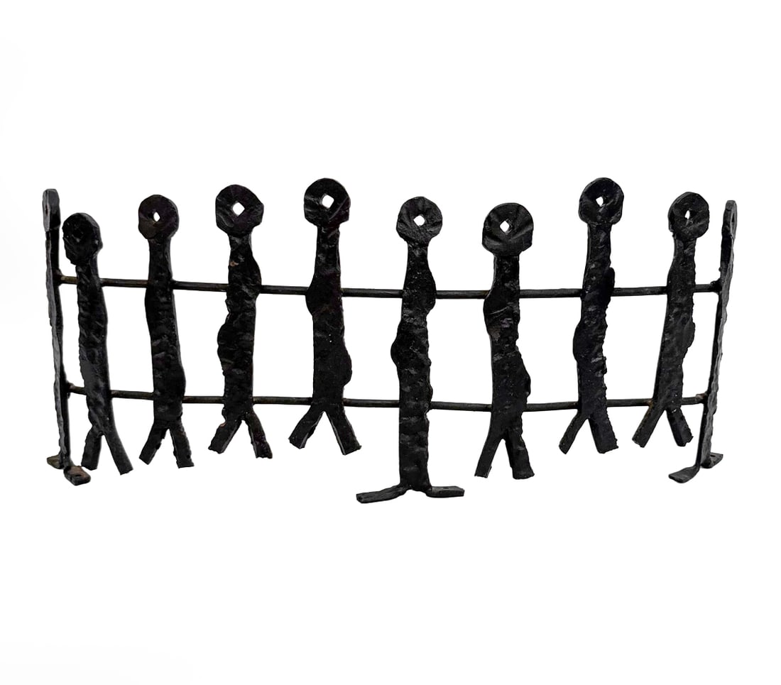 SCANDINAVIAN BRUTALIST IRON WALL SCULPTURE: Figurative form wall art/sculpture, made from iron. Unmarked. Dimensions: H 10.75" x W 27" x D 5.25" Condition: Light surface dust, wear consistent with age.
