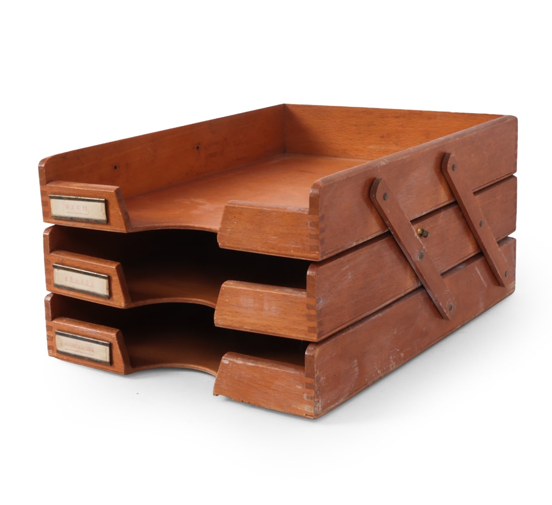 GERMAN BEECH DESK ORGANIZER C. 1950S: Dimensions: H 6.5" x W 9.75" x D 13.5" Condition: Few scratches, some loss to edges and finish. Wear consistent with age and use. PU240