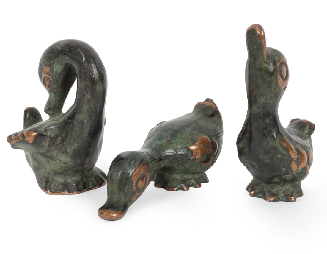 DUTCH BRONZE DUCKLING SCULPTURE GROUPING C. 1960S: (3) Solid bronze ducklings. Dimensions: H 6.5" x W 4" x D 2.5" Condition: Wear consistent with age and use. Paint loss.