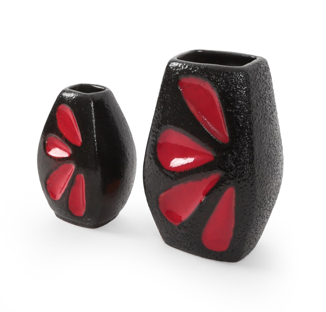 ES KERAMIK WEST GERMAN ART POTTERY VASES: (2) Art pottery vases with textured red and black glazed decoration. Impressed marking to underside and label marked to side. West Germany, circa 1960s. Dimensions: H 6.75" x W 4.5? x D 3.5? Condition