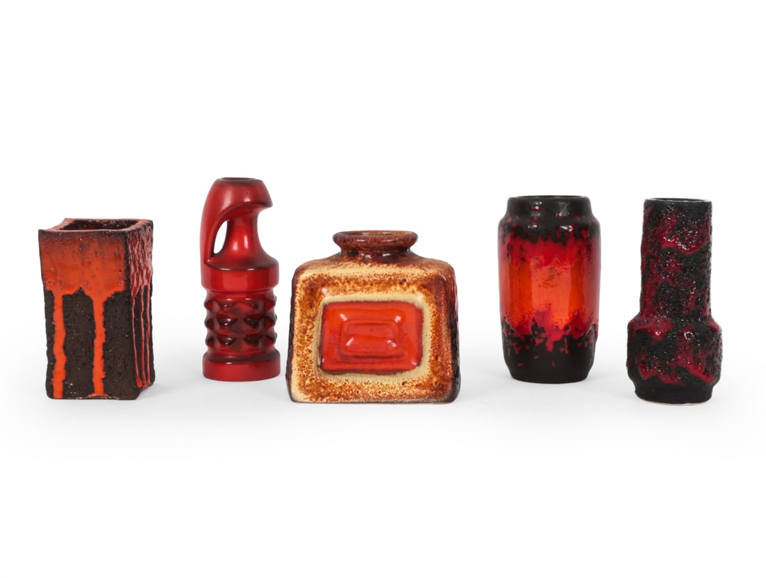 GERMAN ART POTTERY CERAMIC VASE GROUPING C. 1960S: (5) pottery vases. One item is marked "W. Germany " to underside. Circa 1960s. Dimensions: H 6 x W 3.25?x D 3.25? Condition: Wear consistent with age and use. Minor rubs to bottom.