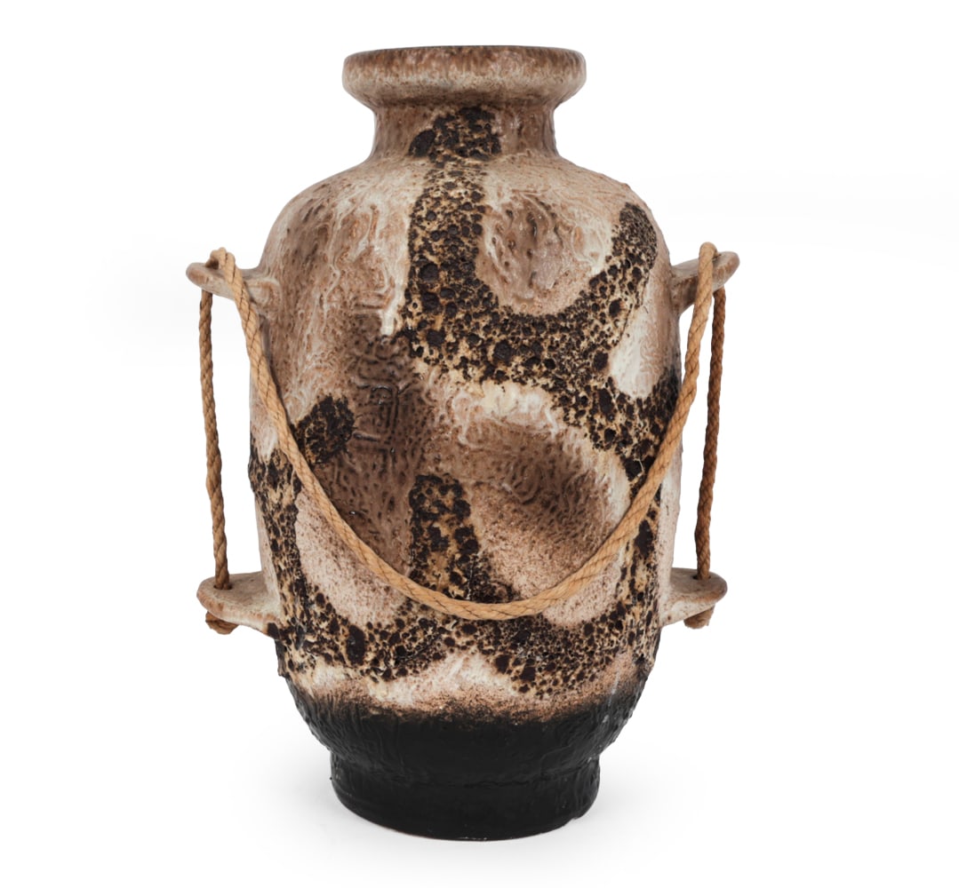 DUMLER & BREIDEN "PAMPAS" CERAMIC VASE C. 1970S: Textured cream and brown volcanic glaze with raised decoration and rope detail. Model 1108/36. Marked to underside. Germany, circa 1970s. Dimensions: H 18" x W 13.5" x D 11" Condition: Wear consistent