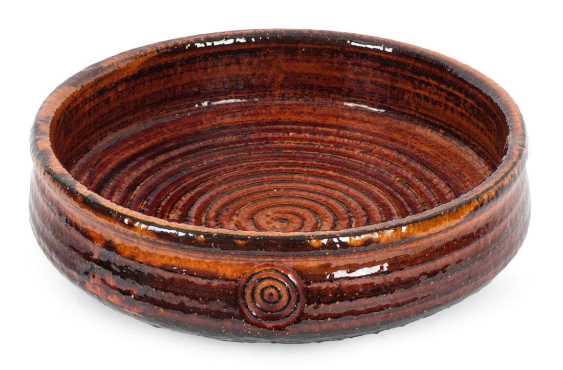 GERMAN CERAMIC BOWL C. 1960S: Signed underneath. Germany, circa 1960s. Dimensions: H 4.5" x Dia 14.5" Condition: Wear consistent with age and use. Couple of minor chips to rim.