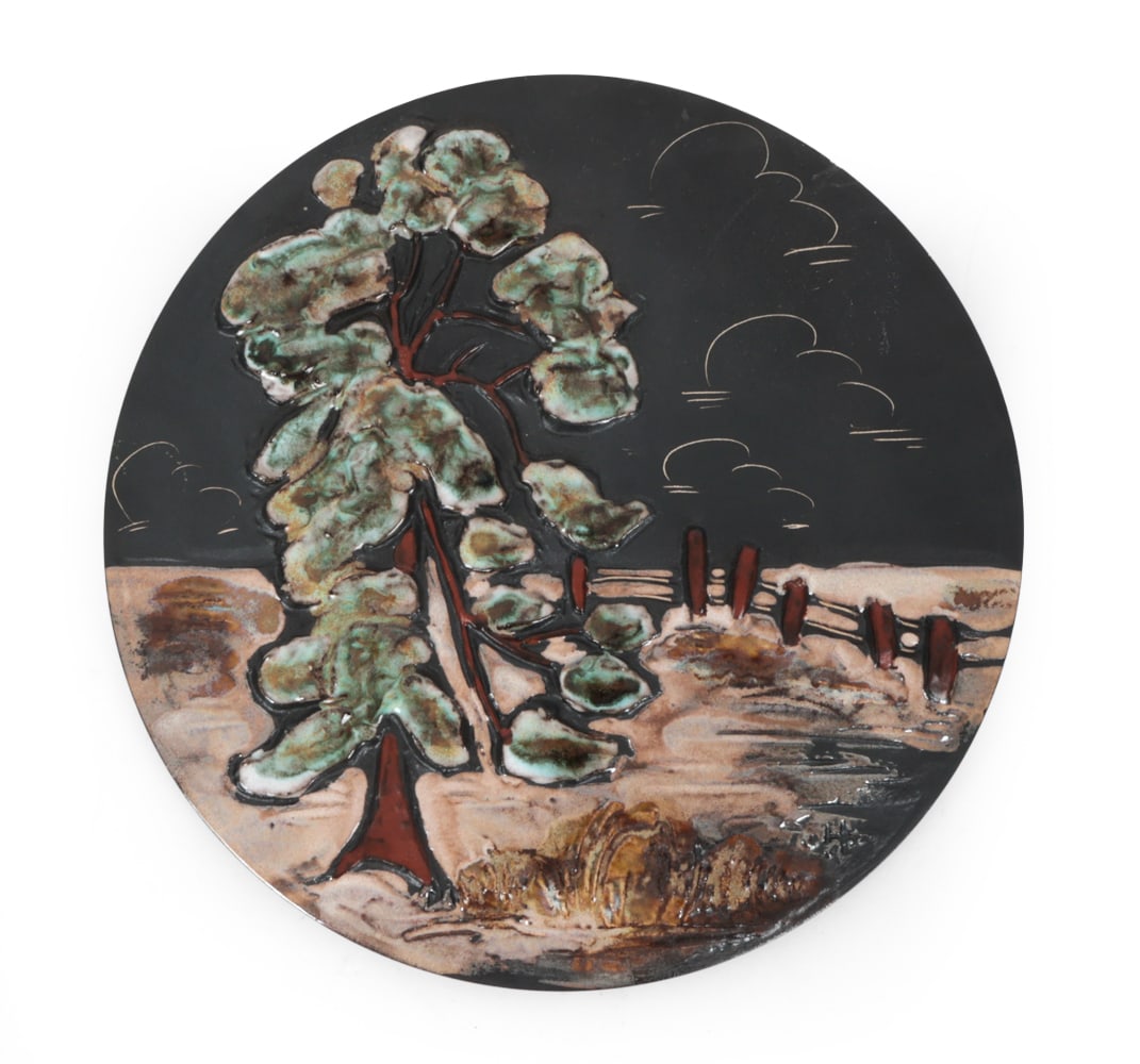 RUSCHA ART GERMAN CERAMIC WALL PLAQUE C. 1960S: Glazed ceramic wall plaque with tree motif. Marked to underside. Germany, circa 1960s. Dimensions: H 11.25" x W 11.25" x D 1" Condition: Few chips to edge. Wear consistent with age and use.