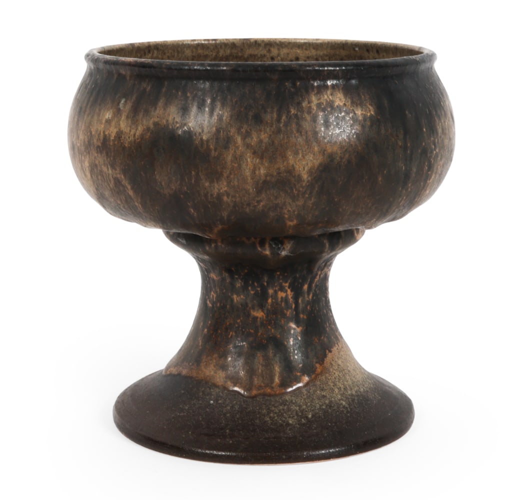 DUTCH CERAMIC PEDESTAL BOWL C. 1960S: Raised ceramic bowl on a pedestal foot. Apparently unmarked. Netherlands, circa 1960s. Dimensions: H 9" x W 9 " x D 9 " Condition: Wear consistent with age and use. Light rubs to bottom.