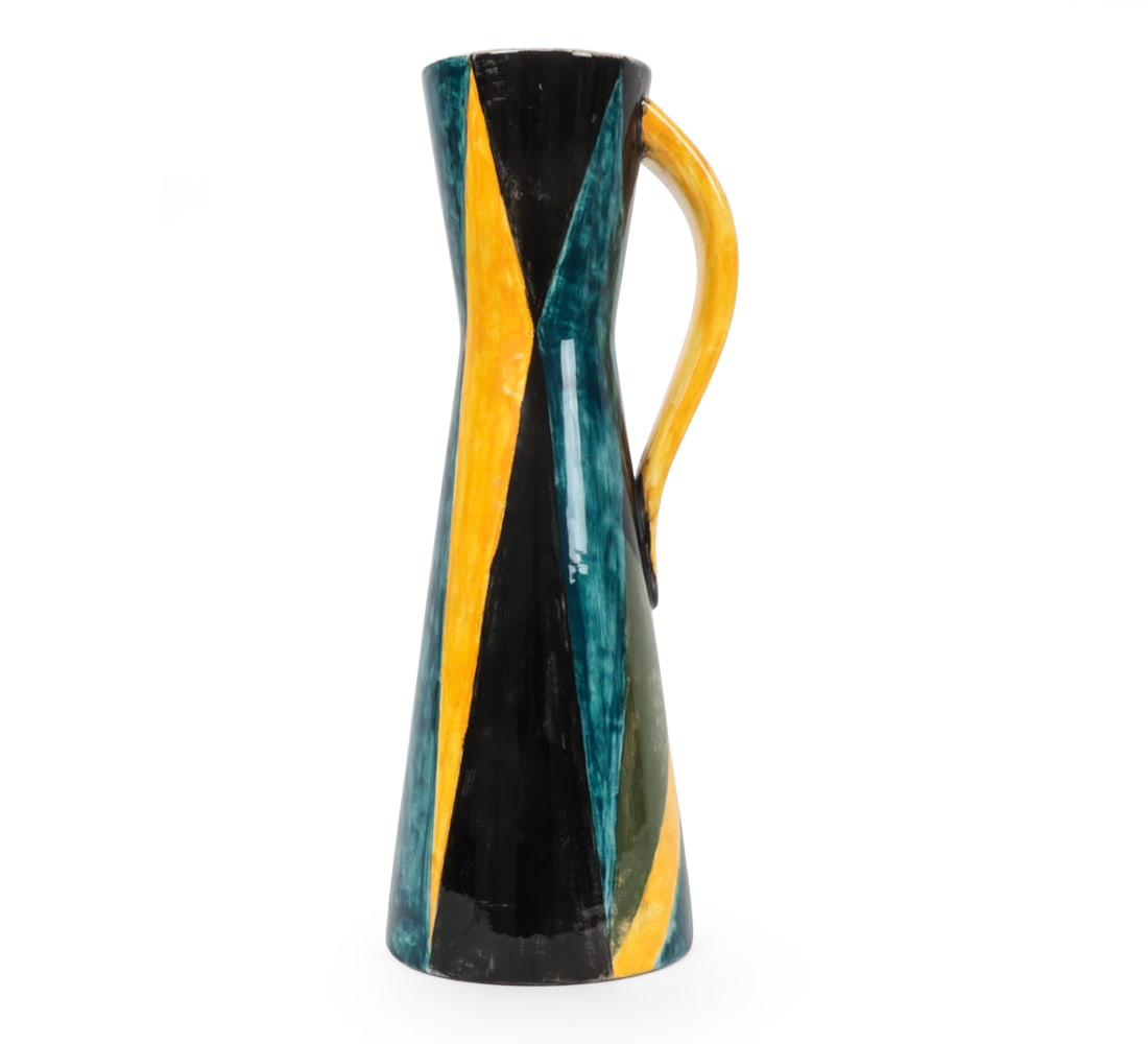 SCHAFFHAUSEN SWISS ART POTTERY PITCHER VASE 1950S: Abstract geometric pattern. Stamp and number marked underneath. Switzerland, circa 1950s. Dimensions: H 12.25" x W 5" x D 4.5" Condition: Some fleabite chips on bottom. Scratches on inside. Wear consi