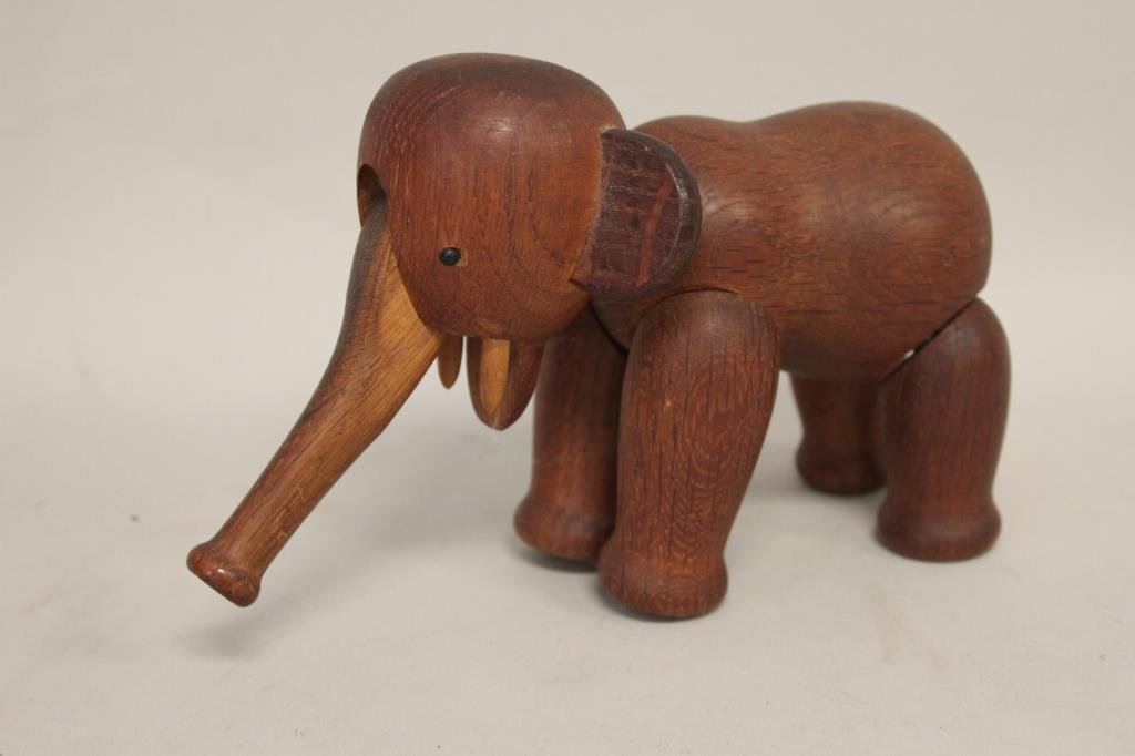 KAY BOJESEN DANISH ARTICULATED WOODEN ELEPHANT: Mid-Century Modern Toy. Signed on bottom. Dimension: H 5" X W 9" Condition: Excellent.