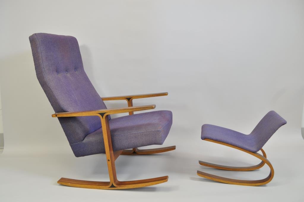 MID-CENTURY ROCKING CHAIR & OTTOMAN TENDO MOKKO: maybe by Tendo Mokko, but quality and design are superior to most examples. Purple upholstery. In good structural condition with staining to the upholstery and foam inside is a little hard. should be 