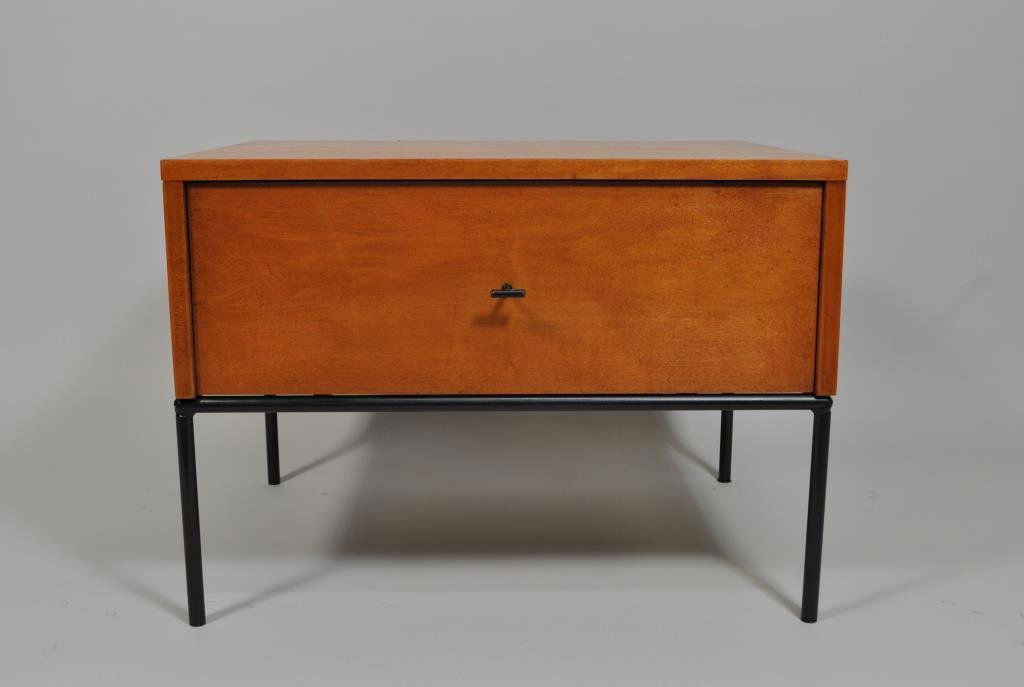 PAUL MCCOBB PLANNER GROUP ONE DRAWER NIGHT STAND: circa 1950, executed in maple and black enameled steel H 17.5" X L 24" X W 18.25" Condition: Light scratching to top and sides due to use.
