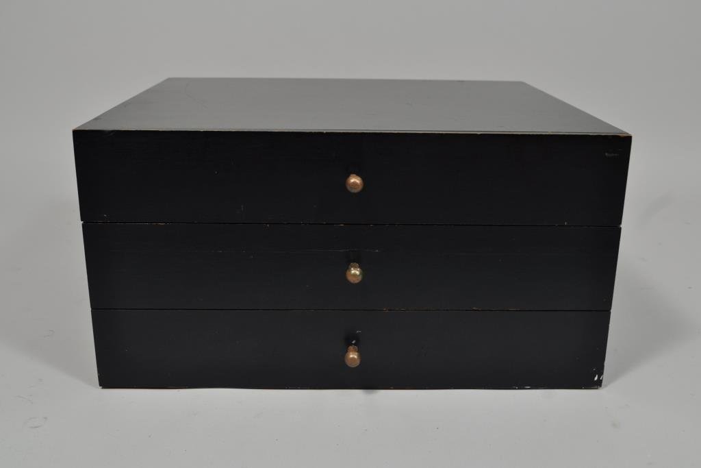PAUL MCCOBB 2 DRAWER BLACK JEWELRY CHEST #1: H 9.25" X L 17.5" X W 14.75" Condition: Good. Light scratching to top and edgescdue to use.