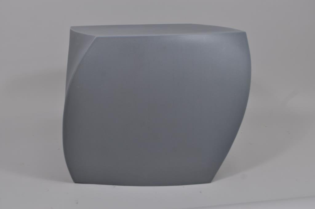FRANK GEHRY GRAY TWISTED BODY END TABLE: Left twist cube by Heller Model 1016. H 17.5" X L 20" X W 17.5" Condition: Average wear due to use and age.