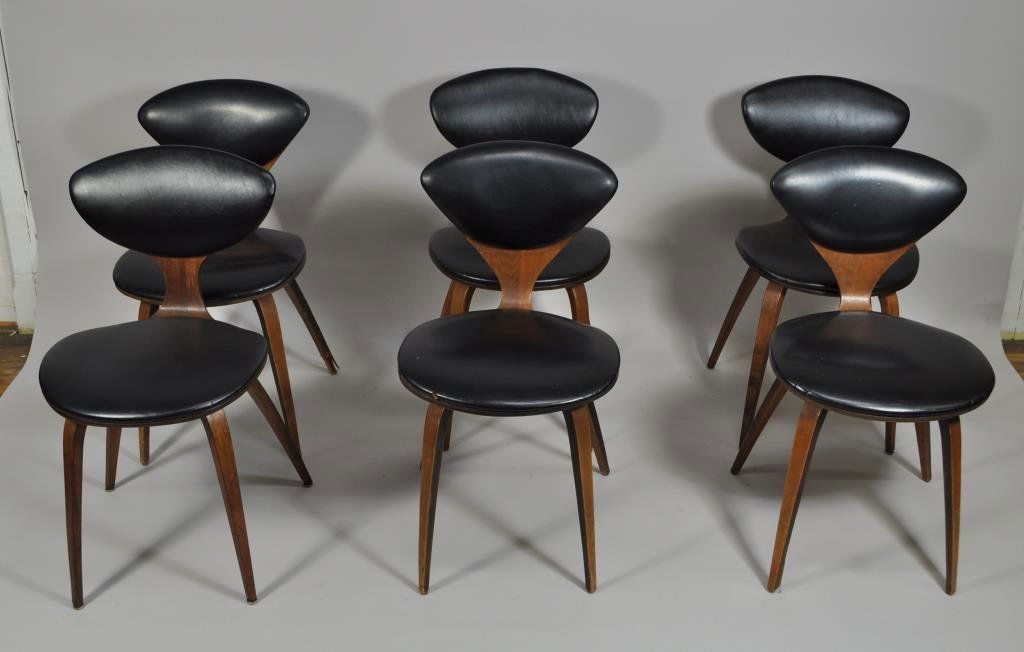 6 NORMAN CHERNER PLYCRAFT BENTWOOD CHAIRS: H 31.22" X L 20" X W 17" Condition: Two chairs have punctures in vinyl. Average wear due to use and age.