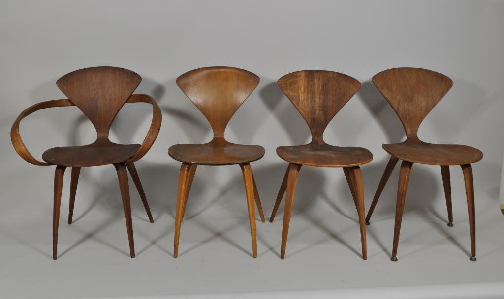 4 NORMAN CHERNER PLYCRAFT BENTWOOD CHAIRS: H 31" X L 22" X W 17": PRETZEL W 25" Condition: Light scratching due to use and age. One chair repaired at curve. One chair with odd feet. Some chipping.