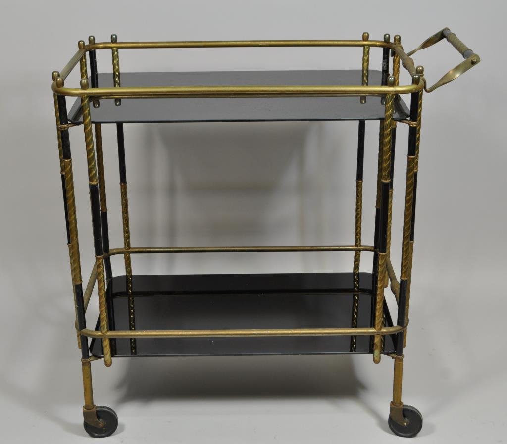 BRASS TEA CART: H 33.25" X L 33" X W 18" Condition: Good. Only very light pitting.