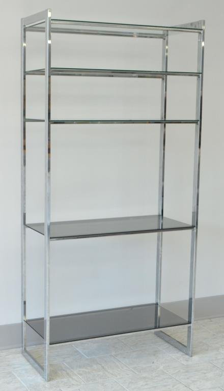 MILO BAUGHMAN CHROME SHELF UNIT: 74" H x 35.5" L x 16" W Provenance: From a Riverdale/Bronx, NY Estate