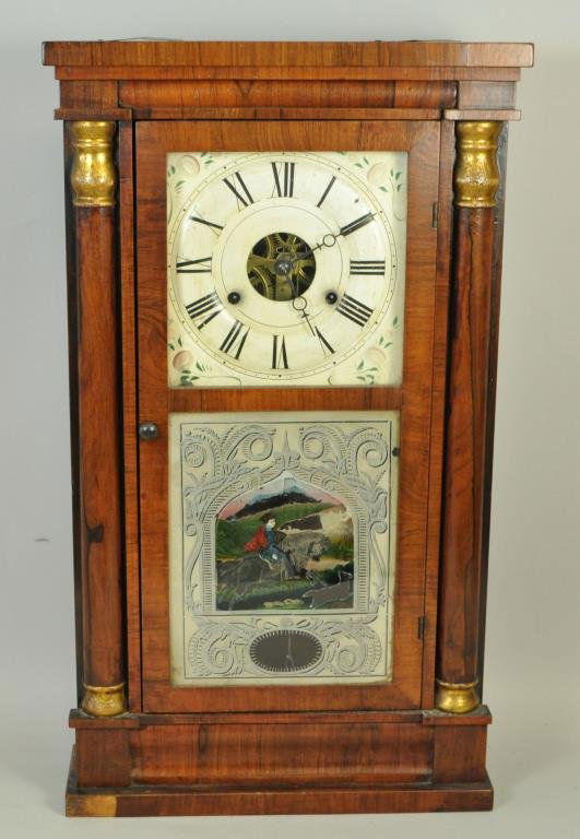 SETH THOMAS WEIGHT DRIVEN CLOCK: Has weights and pendulum 26" H x 14" L x 4.5" W at base. missing sm piece of veneer on base front Provenance: From the Westport, CT Estate of artist Shirley Black