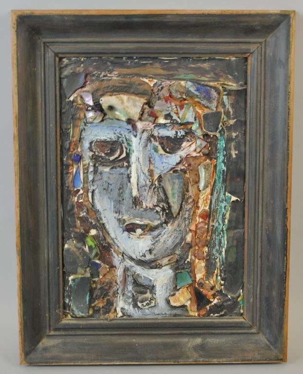 CAROLINE HOOKE MIXED MEDIA ABSTRACT COLLAGE: "Abstract Face". Composed of acrylics, Natural shell, Glass, on masonite. Signed lower middle and & on the back. Condition: In excellent. Dimension: Unframed: 13.75" X W 9.5" & Framed: H 18" X W 14"