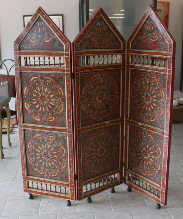 3 PART MOROCCAN ROOM SCREEN: Painted wood. Dimension: H 64" X W 61" Condition: Good, some chips and light paint loss. From a Port Chester, NY Estate