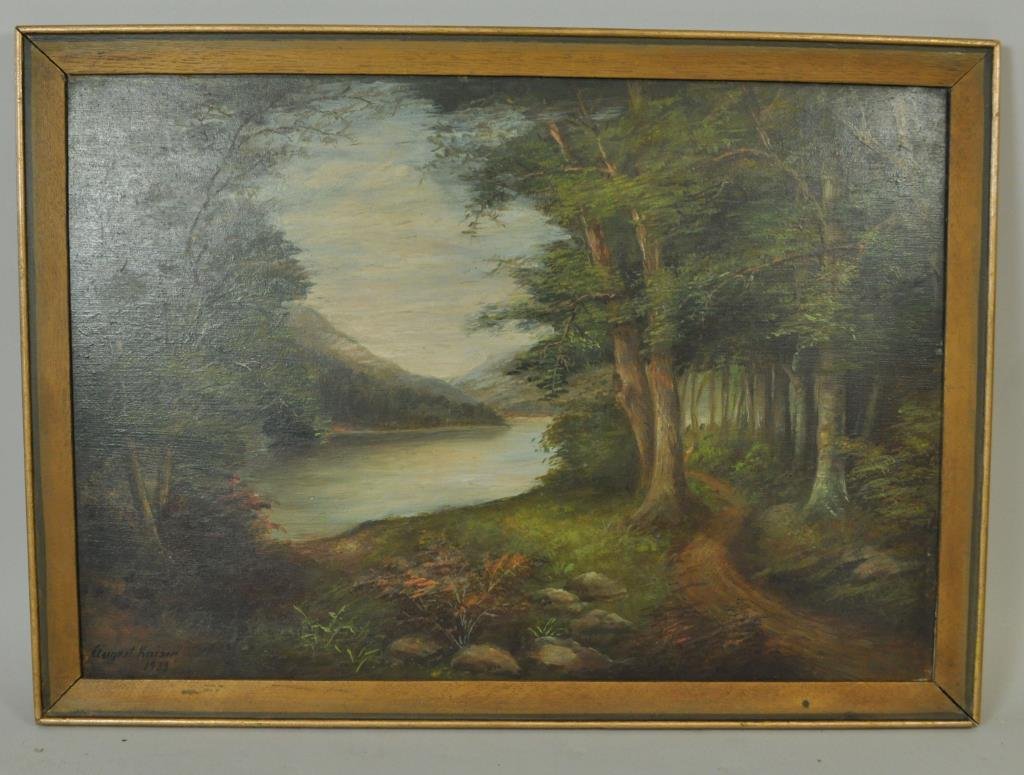 AUGUST KAISER (AMERICAN 1889 - ?: Untitled, 1933 (landscape) Oil on wood panel, signed lower left Dimensions: Framed H 14" x W19 1/4" Provenance: From a Riverdale/Bronx, NY Estate