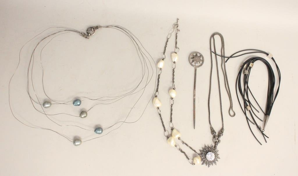 STERLING SILVER PEARL & MARCASITE JEWELRY LOT: Including marcasite sunburst necklace & Pat Areias hair pick. Simulated pearls. Condition: Good. Wearable. Only 1 earring. From a Port Chester, NY Estate.