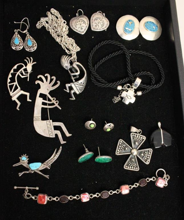 NATIVE AMERICAN ETC STERLING SILVER JEWELRY LOT: including Zuni, turquoise, malachite & some Mexican pieces. Most pieces signed. Weight (including stones): 4.34ozt Dimension: of largest: 3.25" Condition: Very good.