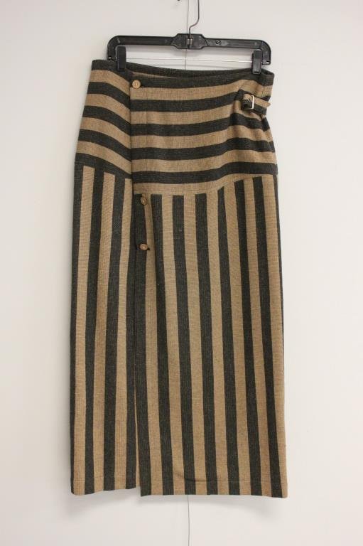 ISSEY MIYAKE LONG NYLON STRIPED SKIRT: 100% nylon. Lined with back pocket. Condition: Good, used. No rips or stains. Size: 10 Length: 37.75" From a Port Chester, NY Estate.