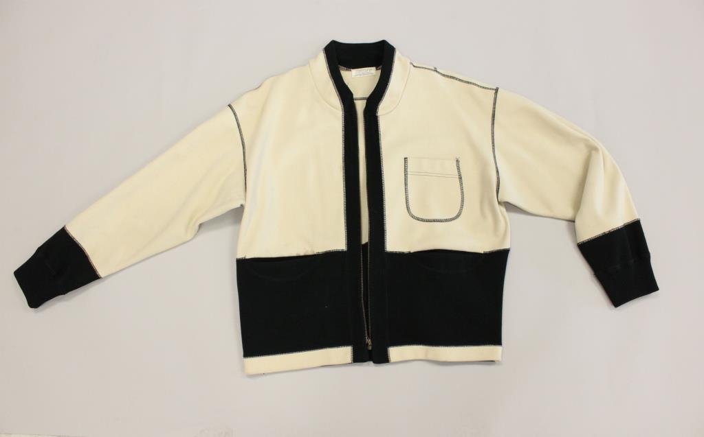 NICOLE MATSUDA ZIPPER FRONT BLACK & CREAM JACKET: Japan. Vintage. Original label. No composition tag but feels like a heavy wool blend. Size: Armpit to armpit: 25.5" X Sleeve: 19.5" X length down back 25" Condition: Some soiling and staining. From a 