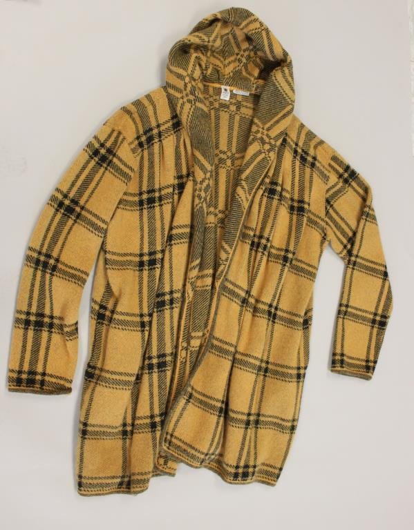 UNGARO MUSTARD YELLOW PLAID SWEATER JACKET: Vintage, Made in Italy. Hooded shawl collar coat with pockets. Original label. Size: No tag. Width underarm to underarm 26" X Sleeve 20.5" X Length down back: 38" Condition: Good, used condition. From